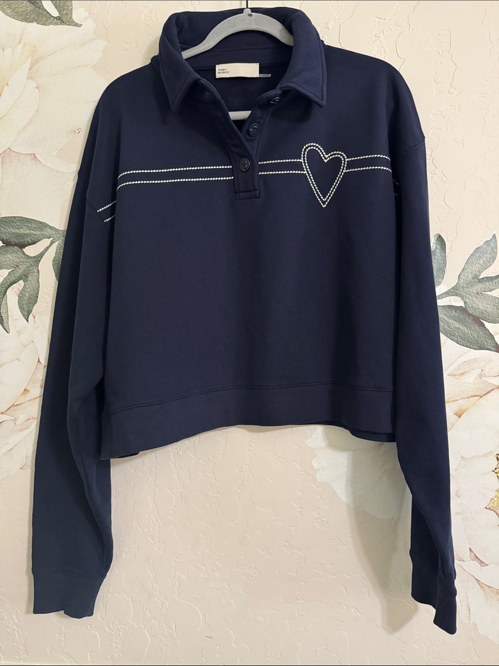 Tory Burch Heart Pickstitch Cotton Polo Sweatshirt, Navy, Heart stitched, Sz.XL